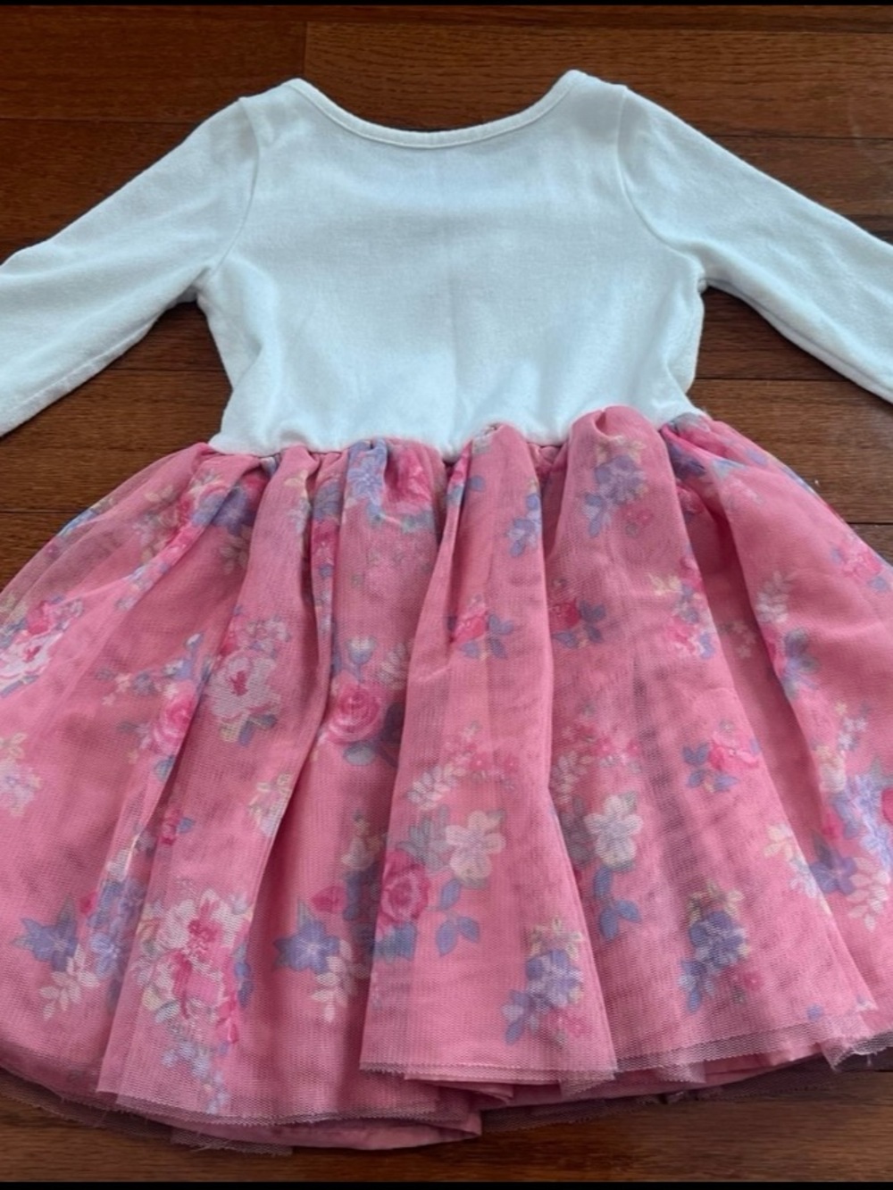 Girls Pink Floral Tulle Skirt Dress - Long Sleeve - Picture 2 of 3